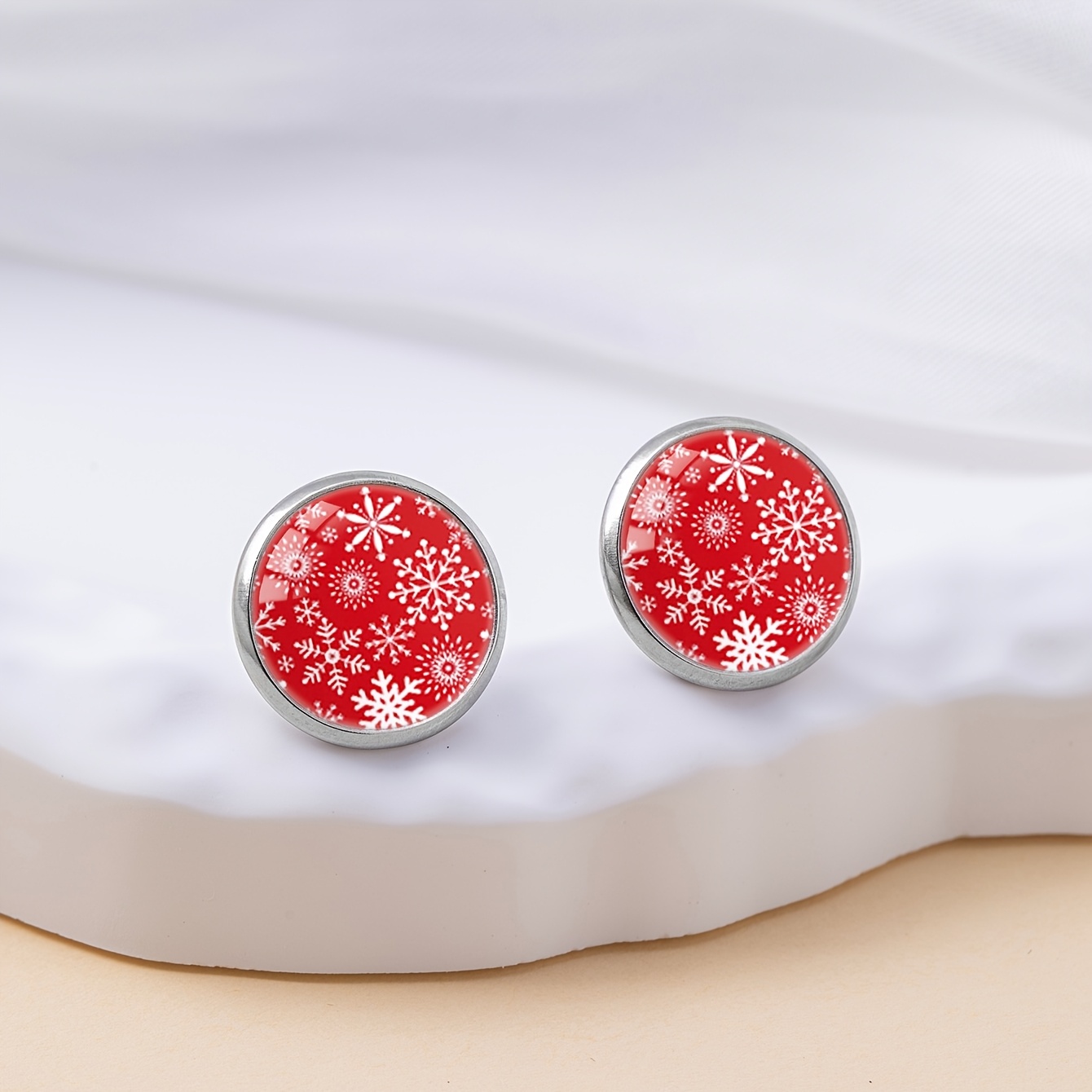 Women's Red Snowflake Patterned Stainless Steel Stud Earrings